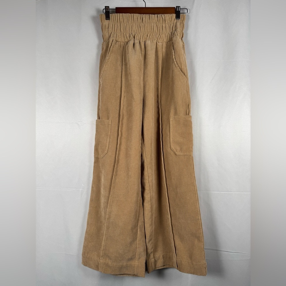Wide Leg Pull On Corduroy Crop Pants Tan Brown Pockets High Waist Boho Indie Sm